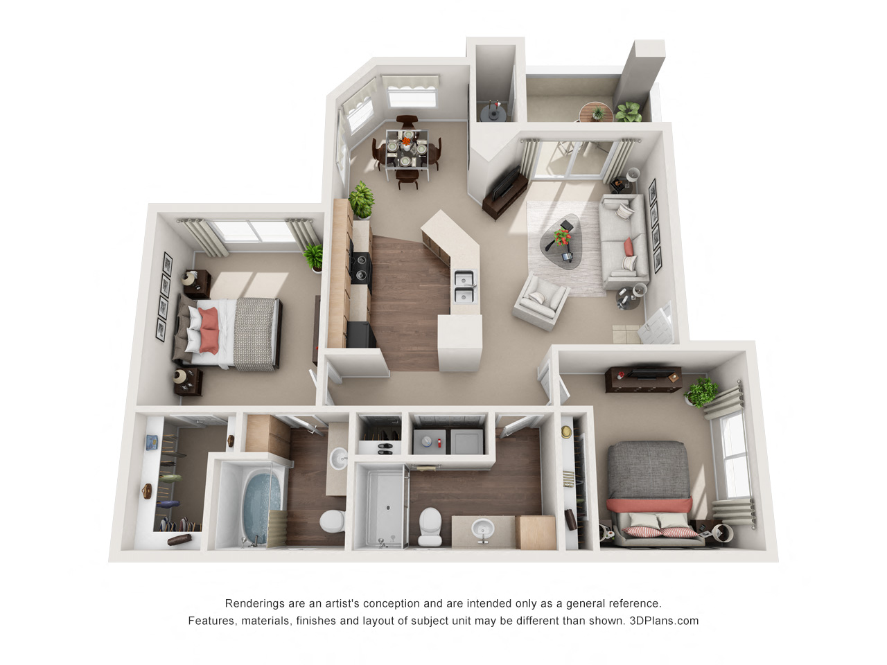 Floor plan for 2 beds, 2 baths, 1046 sqft